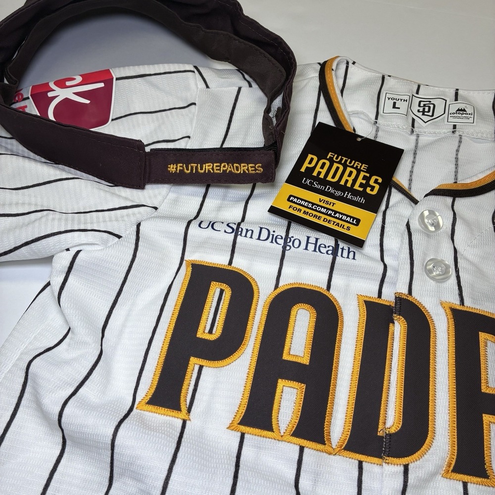 San Diego Padres Youth Large Baseball Jersey and Visor Set White Pinstripe NWT - Picture 4 of 12